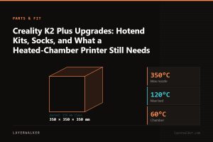 Diagram: K2 Plus build volume 350 by 350 by 350 mm, shown against a 256 mm class reference, with max nozzle 350 C and max bed 120 C.