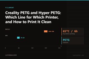 Temperature chart for PETG: nozzle 230 to 250 C, bed 70 to 85 C, dry at 65 C for 6 hours.