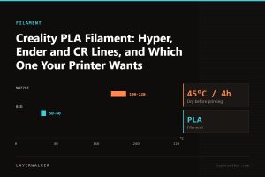 Temperature chart for PLA: nozzle 190 to 220 C, bed 50 to 60 C, dry at 45 C for 4 hours.