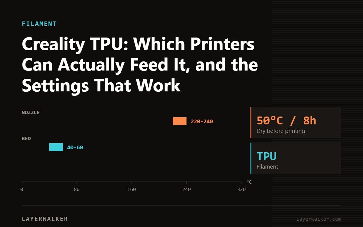 Temperature chart for TPU: nozzle 220 to 240 C, bed 40 to 60 C, dry at 50 C for 8 hours.