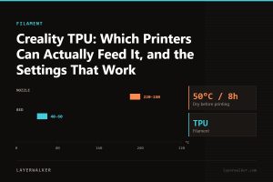 Temperature chart for TPU: nozzle 220 to 240 C, bed 40 to 60 C, dry at 50 C for 8 hours.