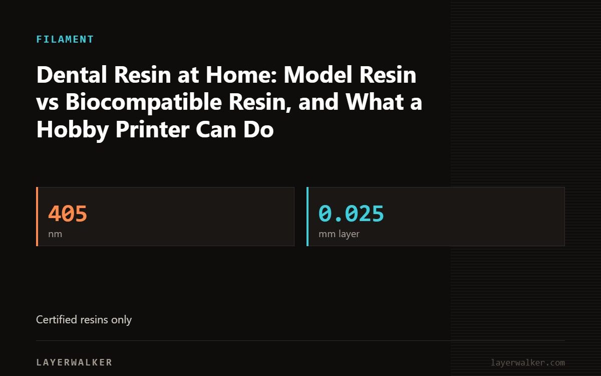 Key figures for Dental Resin at Home: Model Resin vs Biocompatible Resin, and What a Hobby Printer Can Do: 405 nm, 0.025 mm layer.