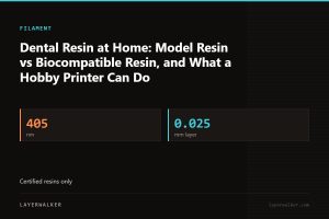 Key figures for Dental Resin at Home: Model Resin vs Biocompatible Resin, and What a Hobby Printer Can Do: 405 nm, 0.025 mm layer.