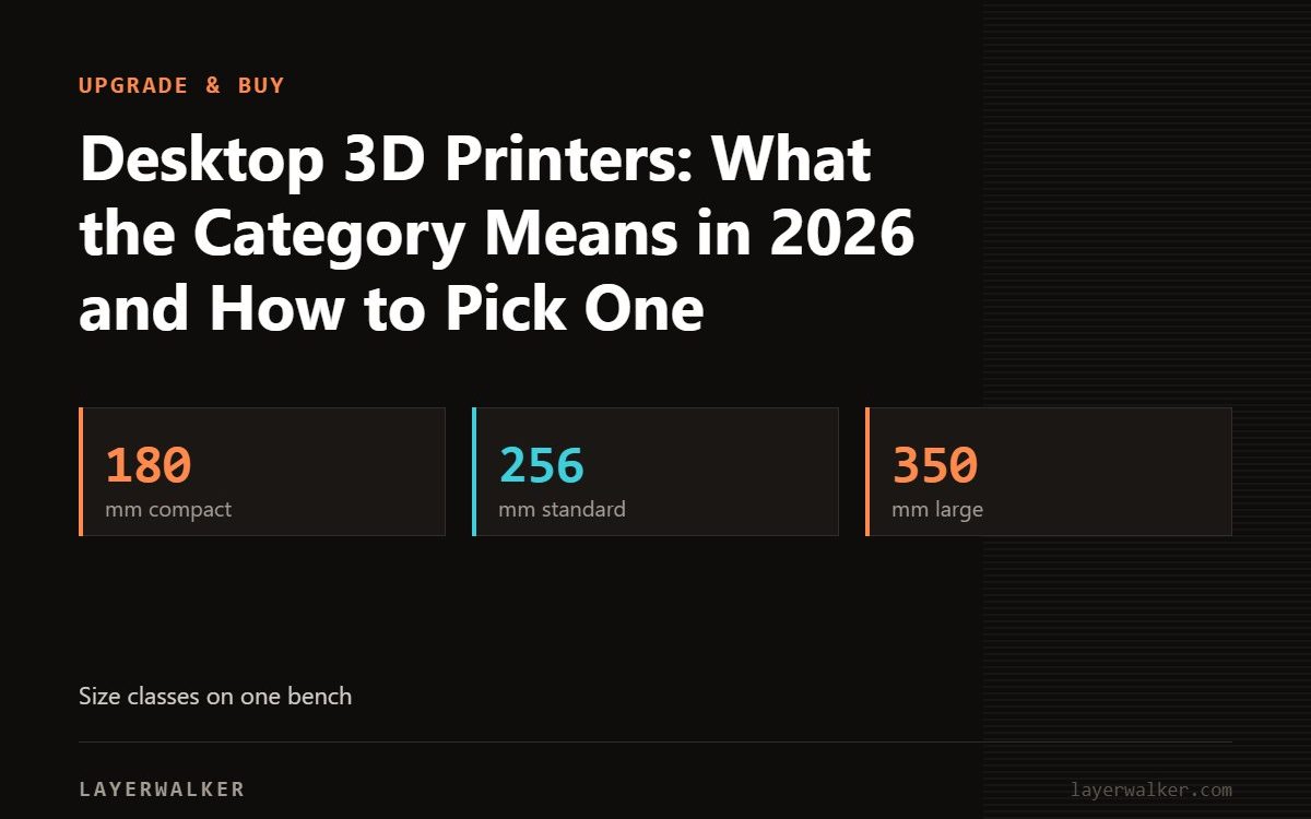 Key figures for Desktop 3D Printers: What the Category Means in 2026 and How to Pick One: 180 mm compact, 256 mm standard, 350 mm large.