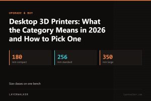 Key figures for Desktop 3D Printers: What the Category Means in 2026 and How to Pick One: 180 mm compact, 256 mm standard, 350 mm large.