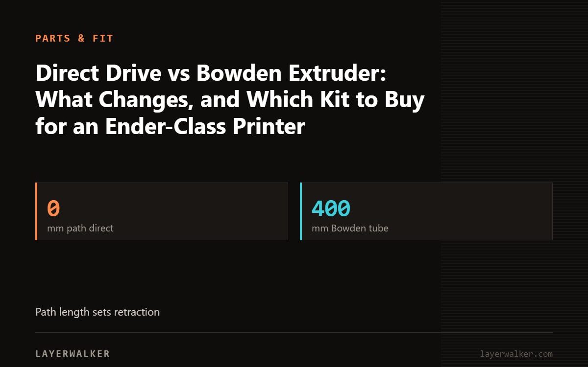 Key figures for Direct Drive vs Bowden Extruder: What Changes, and Which Kit to Buy for an Ender-Class Printer: 0 mm path direct, 400 mm Bowden tube.