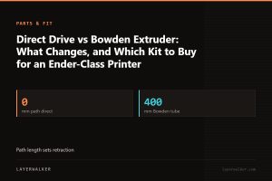 Key figures for Direct Drive vs Bowden Extruder: What Changes, and Which Kit to Buy for an Ender-Class Printer: 0 mm path direct, 400 mm Bowden tube.