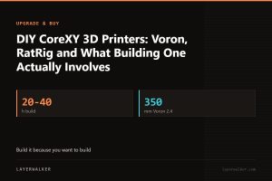 Key figures for DIY CoreXY 3D Printers: Voron, RatRig and What Building One Actually Involves: 20-40 h build, 350 mm Voron 2.4.