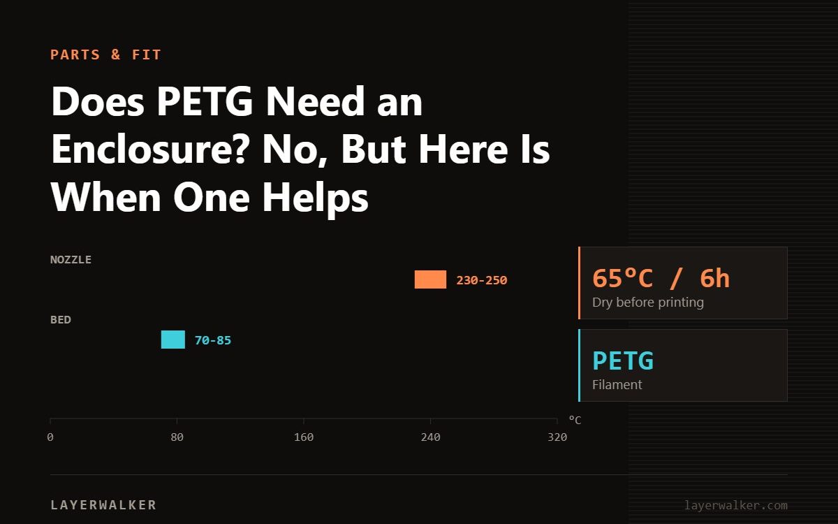 Temperature chart for PETG: nozzle 230 to 250 C, bed 70 to 85 C, dry at 65 C for 6 hours.