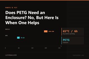 Temperature chart for PETG: nozzle 230 to 250 C, bed 70 to 85 C, dry at 65 C for 6 hours.