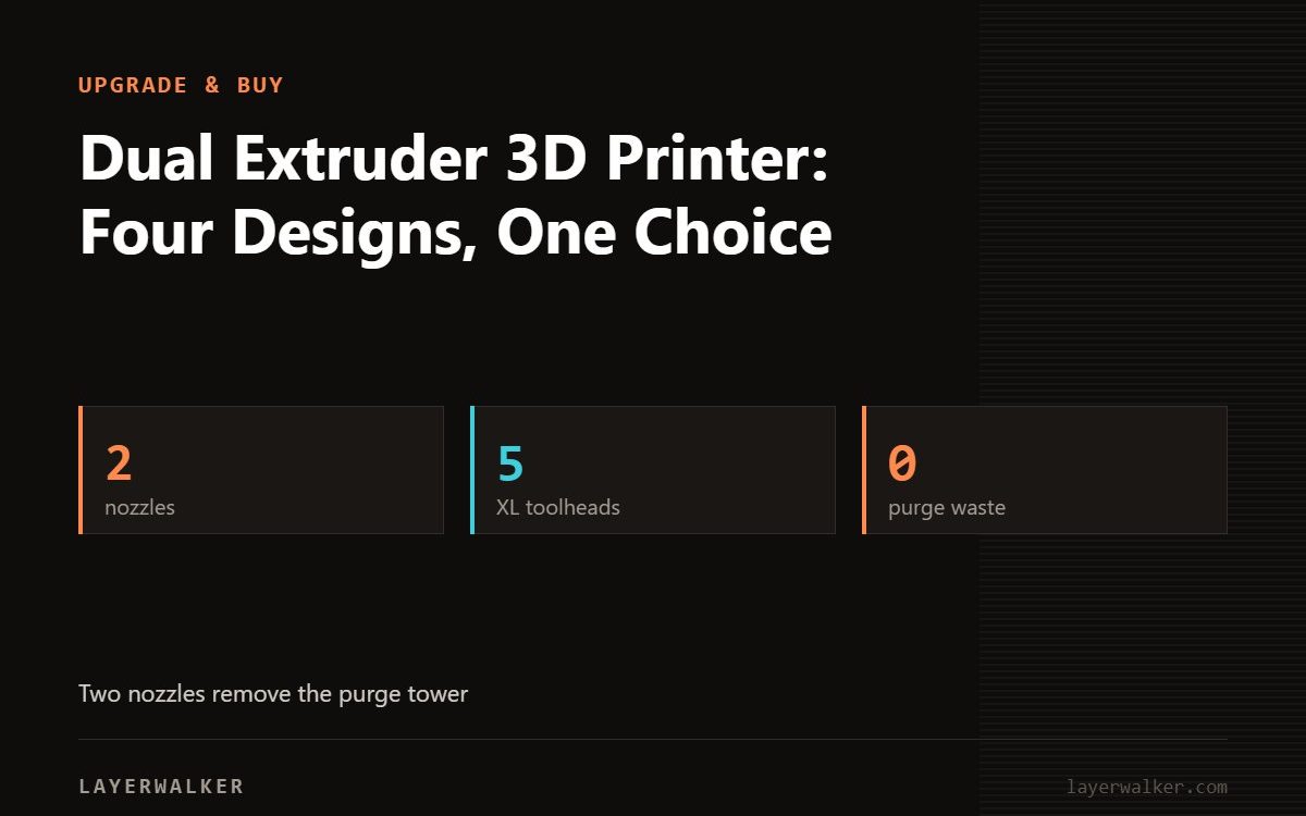 Key figures for Dual Extruder 3D Printer: Four Designs, One Choice: 2 nozzles, 5 XL toolheads, 0 purge waste.