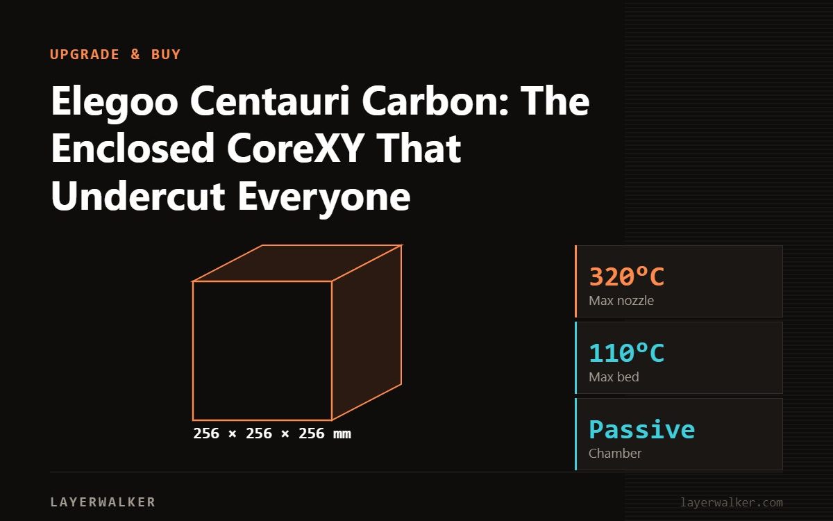Diagram: Centauri Carbon build volume 256 by 256 by 256 mm, shown against a 256 mm class reference, with max nozzle 320 C and max bed 110 C.