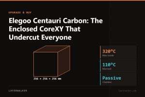Diagram: Centauri Carbon build volume 256 by 256 by 256 mm, shown against a 256 mm class reference, with max nozzle 320 C and max bed 110 C.