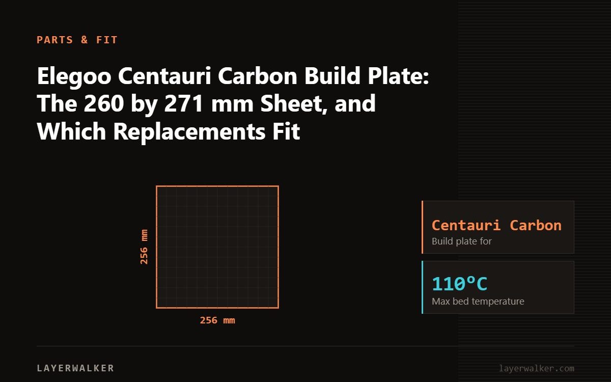 Diagram: build plate for the Centauri Carbon, 256 by 256 mm, max bed temperature 110 C.