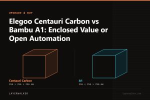 Diagram comparing build volumes at the same scale: Centauri Carbon at 256 by 256 by 256 mm and A1 at 256 by 256 by 256 mm.