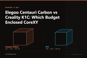 Diagram comparing build volumes at the same scale: Centauri Carbon at 256 by 256 by 256 mm and K1C at 220 by 220 by 250 mm.