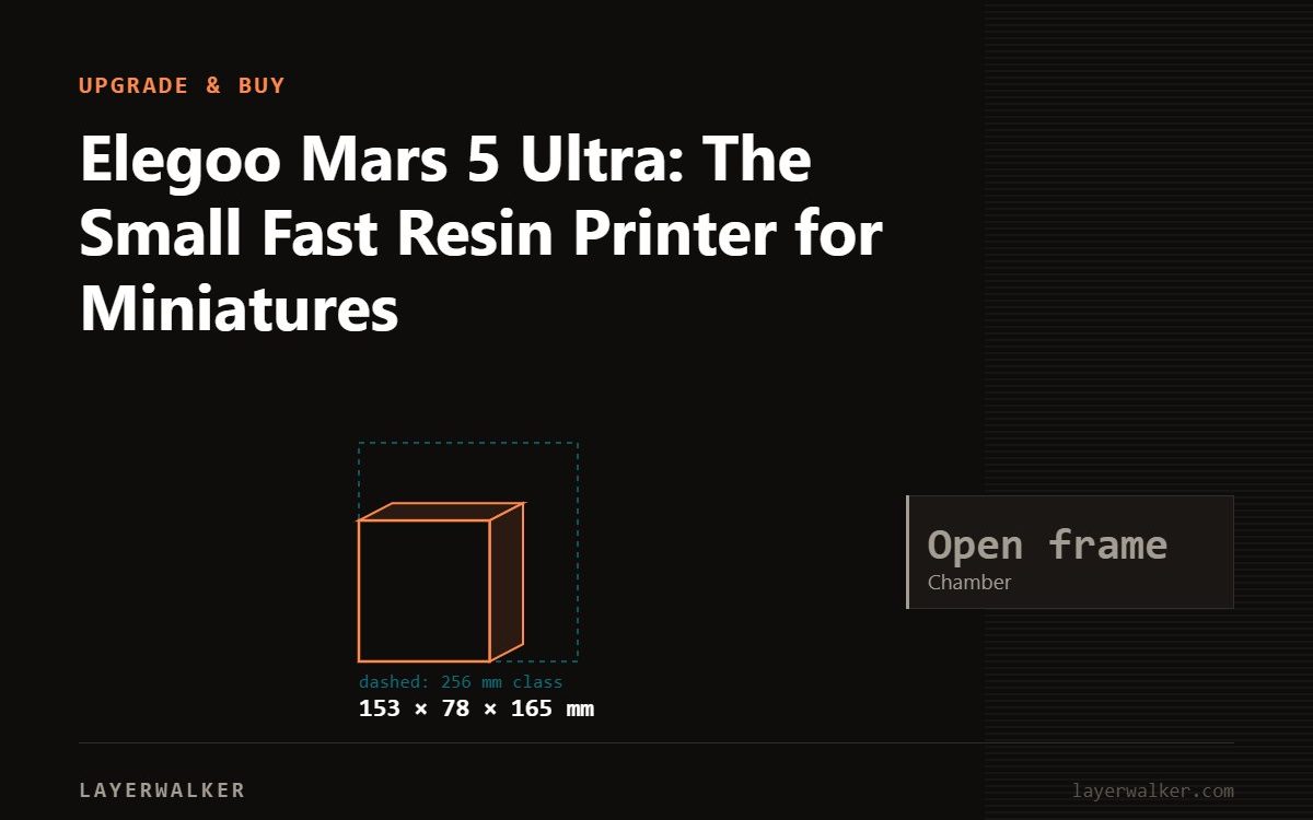 Diagram: Mars 5 Ultra build volume 153 by 78 by 165 mm, shown against a 256 mm class reference, with max nozzle n/a C and max bed n/a C.