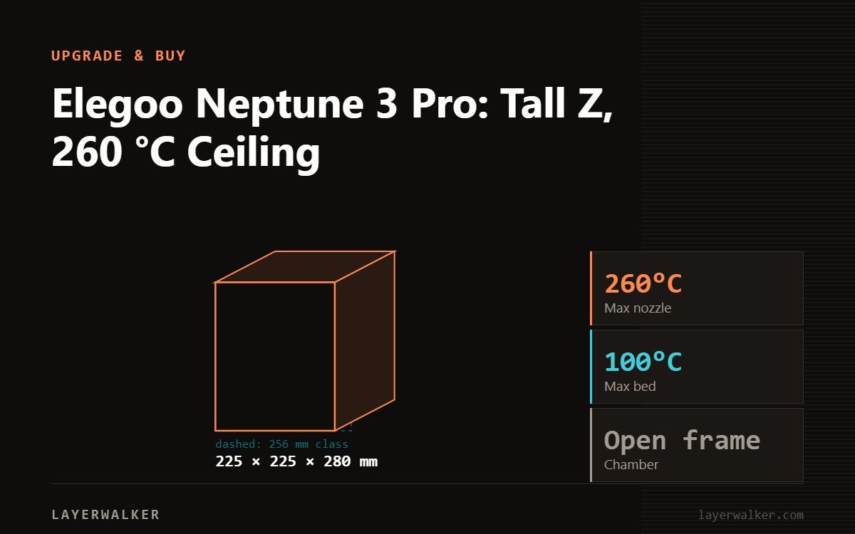 Diagram: Neptune 3 Pro build volume 225 by 225 by 280 mm against a 256 mm class reference, with max nozzle 260 C and max bed 100 C.