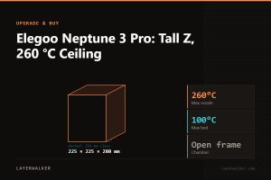 Diagram: Neptune 3 Pro build volume 225 by 225 by 280 mm against a 256 mm class reference, with max nozzle 260 C and max bed 100 C.