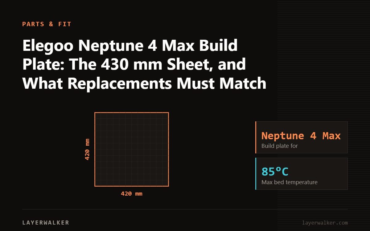 Diagram: build plate for the Neptune 4 Max, 420 by 420 mm, max bed temperature 85 C.