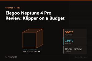 Diagram: Neptune 4 Pro build volume 225 by 225 by 265 mm against a 256 mm class reference, with max nozzle 300 C and max bed 110 C.