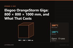 Diagram: OrangeStorm Giga build volume 800 by 800 by 1000 mm, shown against a 256 mm class reference, with max nozzle 300 C and max bed 100 C.