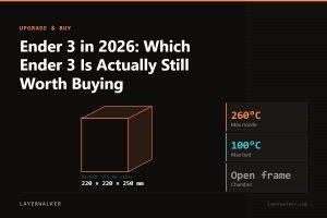 Diagram: Ender-3 V3 SE build volume 220 by 220 by 250 mm, shown against a 256 mm class reference, with max nozzle 260 C and max bed 100 C.
