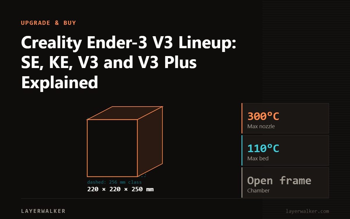 Diagram: Ender-3 V3 build volume 220 by 220 by 250 mm, shown against a 256 mm class reference, with max nozzle 300 C and max bed 110 C.