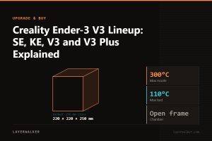Diagram: Ender-3 V3 build volume 220 by 220 by 250 mm, shown against a 256 mm class reference, with max nozzle 300 C and max bed 110 C.