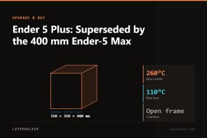 Diagram: Ender 5 Plus build volume 350 by 350 by 400 mm against a 256 mm class reference, with max nozzle 260 C and max bed 110 C.