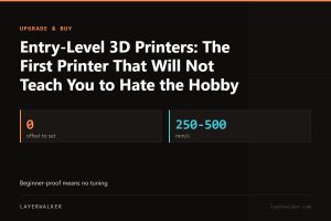 Key figures for Entry-Level 3D Printers: The First Printer That Will Not Teach You to Hate the Hobby: 0 offset to set, 250-500 mm/s.