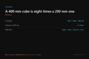 A 400 by 400 by 400 mm build volume holds eight times as much as a 200 mm cube, and the practical limits become heat, print time and the cost of a failure.