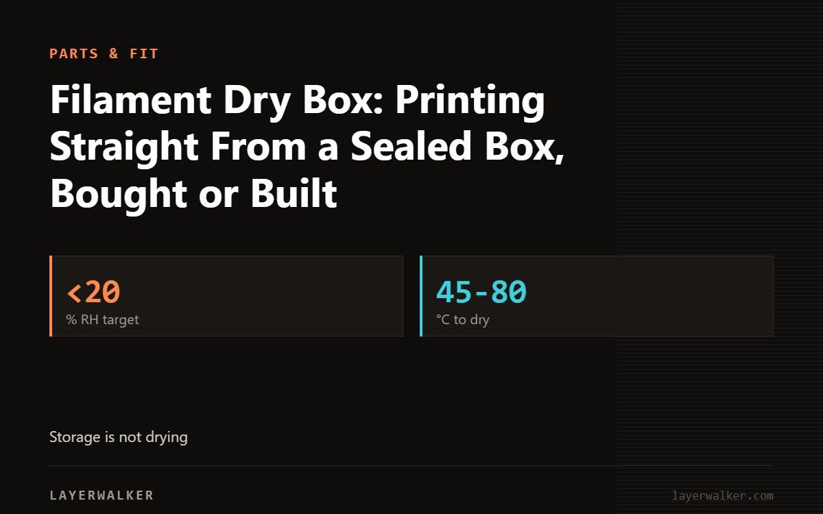 Key figures for Filament Dry Box: Printing Straight From a Sealed Box, Bought or Built: <20 % RH target, 45-80 °C to dry.