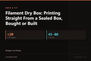 Key figures for Filament Dry Box: Printing Straight From a Sealed Box, Bought or Built: <20 % RH target, 45-80 °C to dry.