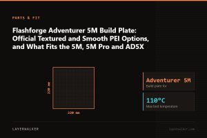 Diagram: build plate for the Adventurer 5M, 220 by 220 mm, max bed temperature 110 C.