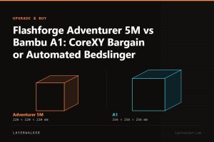 Diagram comparing build volumes at the same scale: Adventurer 5M at 220 by 220 by 220 mm and A1 at 256 by 256 by 256 mm.