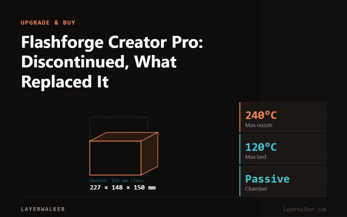Diagram: Creator Pro build volume 227 by 148 by 150 mm against a 256 mm class reference, with max nozzle 240 C and max bed 120 C.