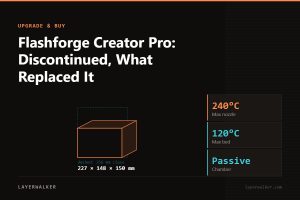 Diagram: Creator Pro build volume 227 by 148 by 150 mm against a 256 mm class reference, with max nozzle 240 C and max bed 120 C.