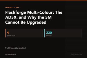 Key figures for Flashforge Multi-Colour: The AD5X, and Why the 5M Cannot Be Upgraded: 4 spools AD5X, 220 mm bed.