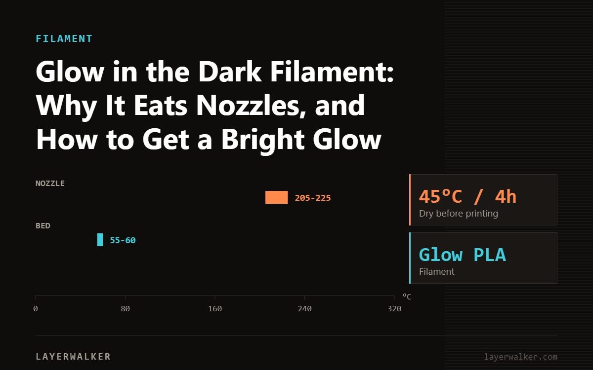 Temperature chart for Glow PLA: nozzle 205 to 225 C, bed 55 to 60 C, dry at 45 C for 4 hours.