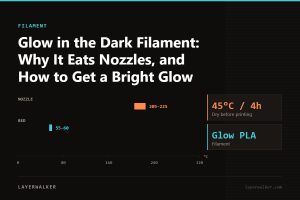 Temperature chart for Glow PLA: nozzle 205 to 225 C, bed 55 to 60 C, dry at 45 C for 4 hours.