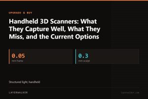 Key figures for Handheld 3D Scanners: What They Capture Well, What They Miss, and the Current Options: 0.05 mm frame, 0.3 mm sculpt.