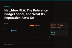 Temperature chart for PLA: nozzle 190 to 220 C, bed 50 to 60 C, dry at 45 C for 4 hours.