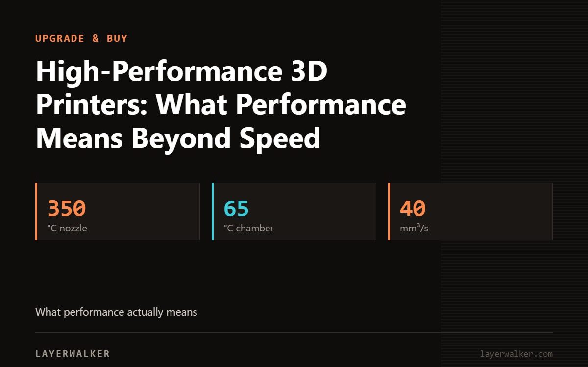 Key figures for High-Performance 3D Printers: What Performance Means Beyond Speed: 350 °C nozzle, 65 °C chamber, 40 mm³/s.