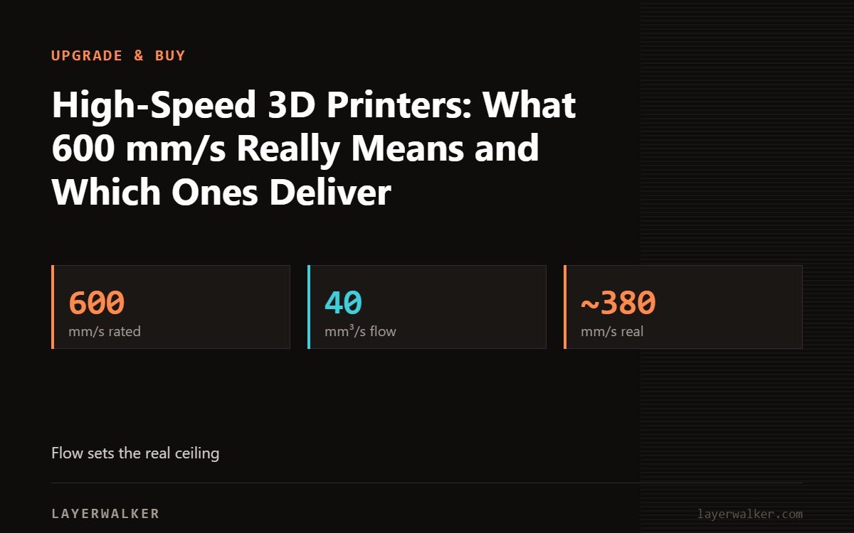 Key figures for High-Speed 3D Printers: What 600 mm/s Really Means and Which Ones Deliver: 600 mm/s rated, 40 mm³/s flow, ~380 mm/s real.
