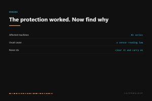 HMS 0300-0100-0001-0003 affects the Bambu X1 series. The over-temperature protection worked, the usual cause is a temperature sensor reading lower than reality, and clearing the code to carry on is the wrong move.