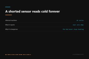 HMS 0300-0100-0001-0006 affects the Bambu X1 series. A shorted bed sensor reads near zero ohms, which the controller reads as a cold bed, so without protection the bed would never stop heating.