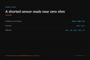HMS 0300-0200-0001-0006: a healthy nozzle thermistor reads about 100k ohm at room temperature while a shorted one reads near zero, affecting A2L, H2, H2S, P2S and X1.