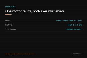 HMS 0300-0600-0001-0002: on a CoreXY both motors drive a shared belt path, so one faulty motor makes both axes misbehave. A healthy coil reads 1 to 5 ohm and continuity to the casing condemns the motor.