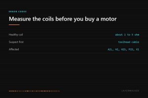 HMS 0300-0900-0001-0003: a healthy extruder motor coil reads about 1 to 5 ohm, and the toolhead cable should be suspected before the motor. Affects A2L, H2, H2S, P2S and X1.